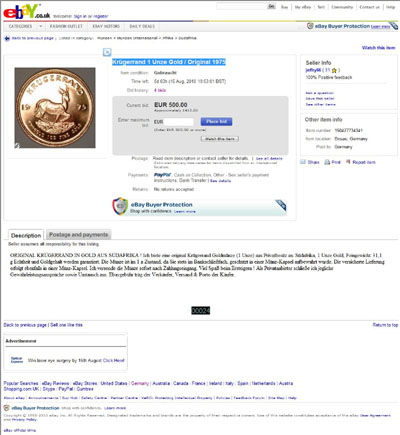 jeffry66 eBay Listing Using Our 1975 One Ounce Gold Krugerrand Obverse Photograph
